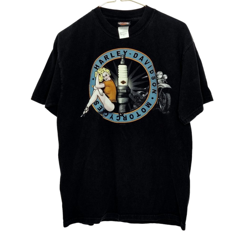 00'S Harley-Davidson Pin-up Girl Motorcycle Bike T-shirt, Men's L size cotton black type Vintage Second Hand